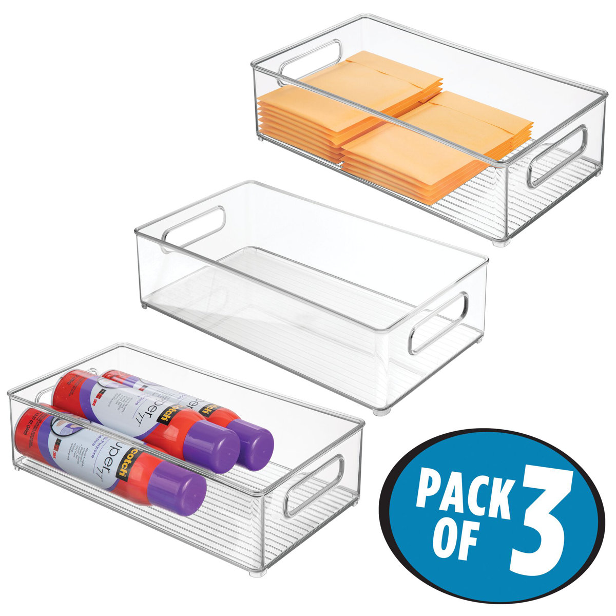 iDesign 3-Piece Set Plastic Fridge and Freezer Bins with Integrated Handles, 8" x 4" x 14.5", Clear